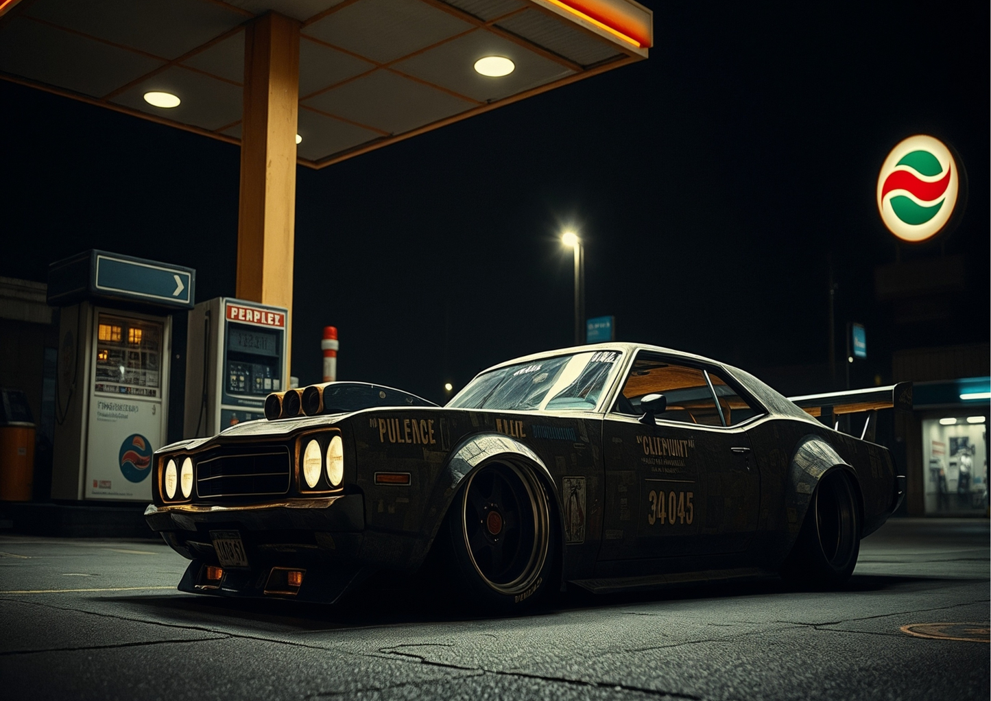 Muscle car gas station