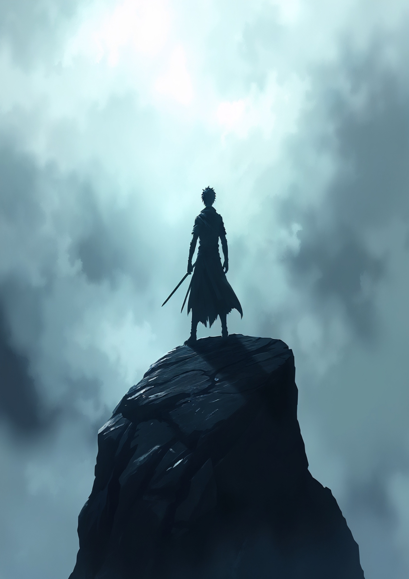 Anime warrior on rock